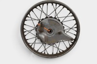 TRIUMPH: A Triumph circa early 1950s Tiger 100 wheel with 'piecrust hub' and 'S' scoop front brake, 19 inch wheel [Location: Melbourne]