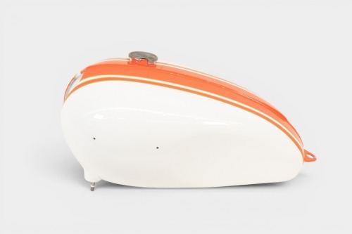 TRIUMPH: A c1966 Triumph 'Bonneville' fuel tank in Alaskan white with orange & gold pinstripes, painted by Roy Bognor [Location: Melbourne]