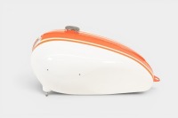 TRIUMPH: A c1966 Triumph 'Bonneville' fuel tank in Alaskan white with orange & gold pinstripes, painted by Roy Bognor [Location: Melbourne]