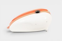 TRIUMPH: A c1966 Triumph 'Bonneville' fuel tank in Alaskan white with orange & gold pinstripes, painted by Roy Bognor [Location: Melbourne] - 2