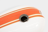 TRIUMPH: A c1966 Triumph 'Bonneville' fuel tank in Alaskan white with orange & gold pinstripes, painted by Roy Bognor [Location: Melbourne] - 3