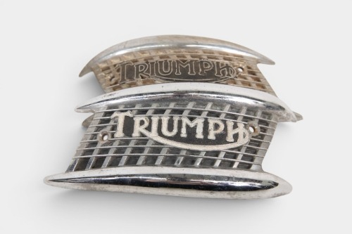 TRIUMPH: A pair of original Triumph 'harmonica' style fuel tank badges [Location: Melbourne]