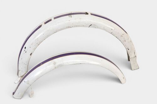 TRIUMPH: A pair of c1967 Triumph unit 650 mudguards, purple on white paintwork [Location: Melbourne]