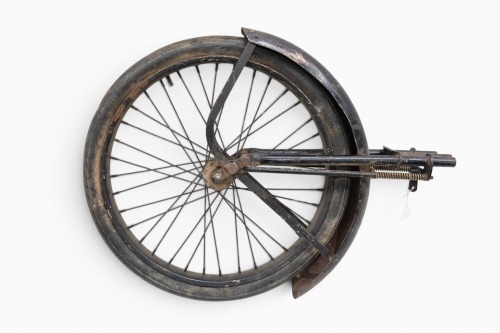 SIMPLEX: A Simplex Servi-Cycle (USA) front end assembly, includes wheel with tyre (original), guard and forks [Location: Melbourne]