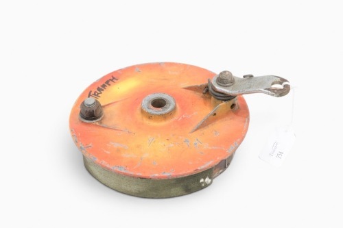TRIUMPH: A Triumph conical hub rear brake plate with new AM4 green linings [Location: Melbourne]