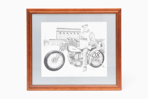 INDIAN: An etching print of Ed Kretz sitting on Indian bike, 1937 Daytona Winner, limited edition (61/500), 48cm high, 55cm wide overall [Location: Melbourne]