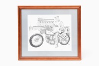 INDIAN: An etching print of Ed Kretz sitting on Indian bike, 1937 Daytona Winner, limited edition (61/500), 48cm high, 55cm wide overall [Location: Melbourne]