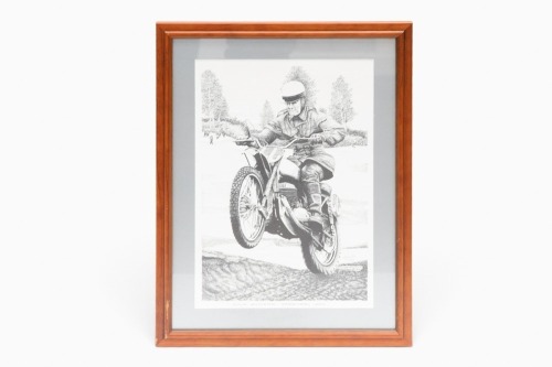 DAVE BICKERS: An etching print of Dave Bickers riding Greeves bike, 1964, limited edition (42/500), 64.5cm high, 49cm wide overall [Location: Melbourne]