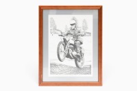 DAVE BICKERS: An etching print of Dave Bickers riding Greeves bike, 1964, limited edition (42/500), 64.5cm high, 49cm wide overall [Location: Melbourne]