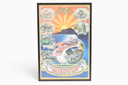 BATHURST: A 1977 advertising poster for the "Easter Bathurst Bike Races 1977" featuring riders through the ages, 93cm high, 63cm high overall [Location: Melbourne]