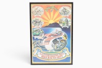 BATHURST: A 1977 advertising poster for the "Easter Bathurst Bike Races 1977" featuring riders through the ages, 93cm high, 63cm high overall [Location: Melbourne]
