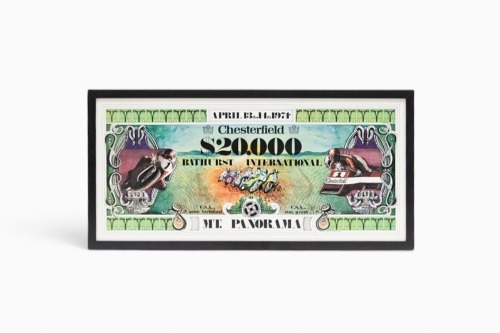 BATHURST: A 1974 promotional poster for the "$20,000 Bathurst International" at Mount Panorama, Bathurst, 13/14th April 1974, 31cm high, 71cm wide overall [Location: Melbourne]
