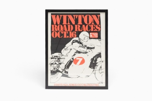 WINTON: A promotional poster for the Hartwell Motorcycle Club Winton Road Races October 16 (year unknown) event, 59cm high, 46cm wide overall [Location: Melbourne]