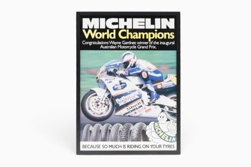 WAYNE GARDNER: A poster celebrating Wayne Gardner being the winner of the inaugural Australian Motorcycle Grand Prix at Phillip Island, 1989, 72cm high, 52cm wide overall [Location: Melbourne]