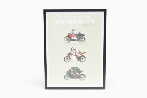 LAGUNA-SECA: A promotional poster for the laguna-Seca raceway 'The Evolution of Superbike' featuring three illustrations of superbikes from different decades [Location: Melbourne]