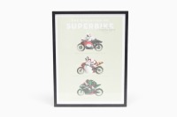 LAGUNA-SECA: A promotional poster for the laguna-Seca raceway 'The Evolution of Superbike' featuring three illustrations of superbikes from different decades [Location: Melbourne]