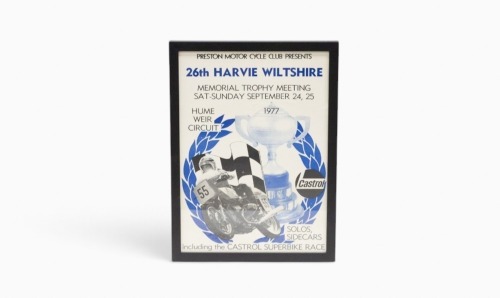 HUME WEIR: A promotional poster for the 26th Harviw Wiltshire Memorial Trophy Meeting 1977 at Hume Weir Circuit, 48cm high, 36cm wide overall [Location: Melbourne]
