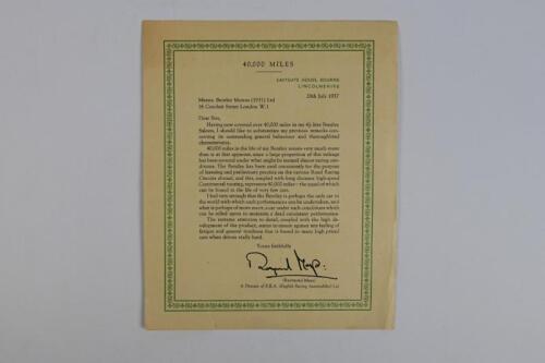 BENTLEY: An original copy of letter by Raymond Mays (Director of E.R.A Ltd) bestowing the attributes of his 4.5 litre Bentley after 40,000 miles