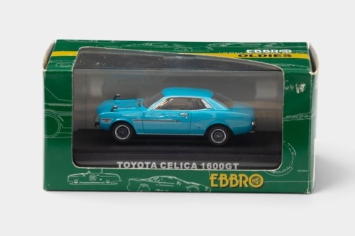 CELICA: A 1:43 scale Ebbro models Toyota Celica 1600GT in metallic blue, within box