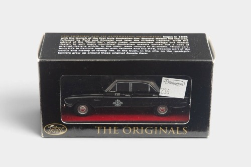236 · XK FALCON: A Trax 1:43 scale Ford XK Falcon sedan model, finished in silver over black paintwork with the Silver Top taxis livery, part of the Aussie taxi series of models, model number TR26J