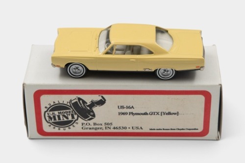 PLYMOUTH: A 1:43 scale white metal US Mint Model, 1969 Plymouth GTX. Within box