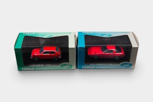 287 · JAPANESE: Two 1:43 scale Ebbro models of Japanese marque cars, including a 1974 Honda Civic RS and a 1978 Mazda RX7 Savanna GT
