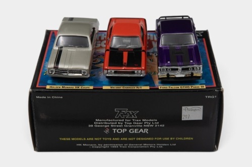 TRAX: A 1:43 scale Trax Models 3-car set 'The Aussie Muscle Car War of 71' comprising Holden HK Monaro Coupe, Valiant R/T Charger, and a Ford XY Falcon GTHO Phase III