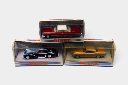 DINKY: Three 1:43 scale Matchbox 'The Dinky Collection' models, including DY-14 Delahaye 145, DY-7 1959 Cadillac Coupe De Ville, DY-26 Studebaker Golden Hawk