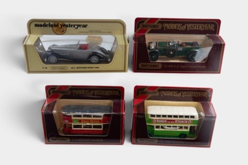 MATCHBOX: Four Matchbox 'Models of Yesteryear' models, including Y-2 1930 4.5 L. Supercharged Bentley, Y-5 1930 Leyland Titan TD1, Y-15 Preston Tramcar, and Y-20 1937 Mercedes-Benz 540K