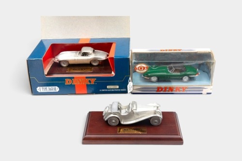 JAGUAR: Three 1:43 scale Matchbox/Dinky Jaguar models, including a 1968 Jaguar 'E' Type MK1.5, an E-Type Jaguar limited edition pewter model, and a 1936 Jaguar SS100 pewter model