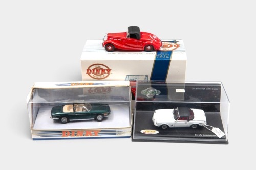 TRIUMPH: Three 1:43 scale Triumph models, including Dinky 1969 Triumph Stag, Dinky 1939 Triumph Dolomite, and a Vitesse Triumph Spitfire