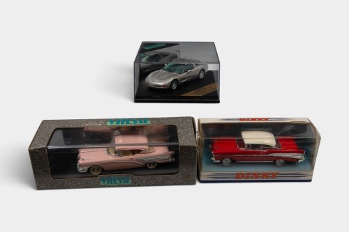 AMERICAN MARQUES: Three 1:43 scale models of American marque cars, including Vitesse 1997 Corvette, Dinky 1957 Chevrolet Bel Air and a Vitesse 1958 Buick Roadmaster