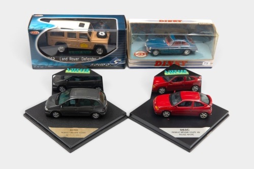 MODELS: Four 1:43 scale models, including two Vitesse Renault Megane models, a Dinky/Matchbox 1965 MGB GT, and a Solido Land Rover Defender