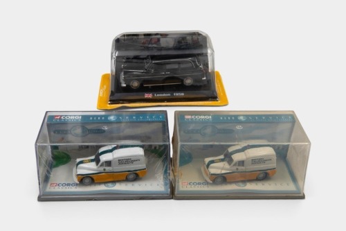 MODELS: Three 1:43 scale British themed models, including two Corgi Classics Morris Minor 1000 British Caledonian Airways Vans and an Amer Collection 1958 London Taxi Cab model