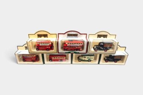 LLEDO DAYS GONE: A group of seven Lledo Days Gone models, including four bus models and three delivery vans