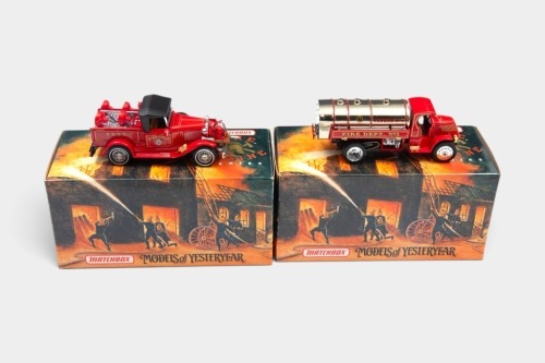 374 · FIRE ENGINES: Two 1:43 scale Matchbox Fire Engine Series models, including YFE11 1923 Mack AC Water Tanker & YFE12 1930 Ford Model A Battalion Chief's Vehicle
