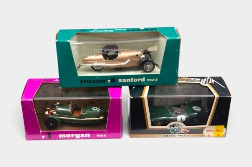 BRUMM: Three 1:43 scale models by Brumm, including two cyclecars, a 1922 Sandford and a 1923 Morgan, along with a 1956 D-Type Jaguar