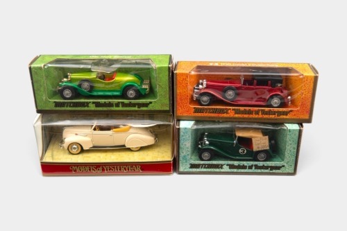 MATCHBOX: Four Matchbox 'Models of Yesteryear' models, including Y4 1930 Model J Duesenberg, Y8 1945 MGTC, Y14 1931 Stutz Bearcat, and Y64 1938 Lincoln Zephyr