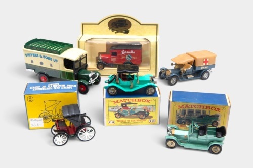 366 · MODELS: A mixed group of models, including two boxed Matchbox 'Models of Yesteryear' models, a boxed Lledo 'Days Gone' Ford Van, a boxed 1:43 scale 1894 Peugeot 2.5hp and two loose models