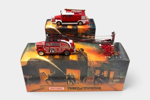 FIRE ENGINES: Two Matchbox Fire Engine Series models, including YFE07 1938 Mercedes KS15 Fire Truck & YFE08 1936 Leyland Cub FK-7 Fire Engine