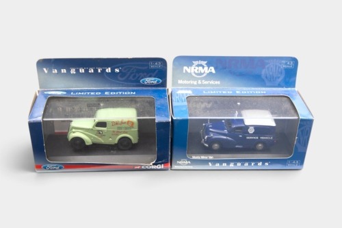 SERVICE VANS: Two 1:43 scale Corgi Vanguards models, including NRMA Morris Minor Van and Ford 5 CWT D.Woolfman Radio & TV Van