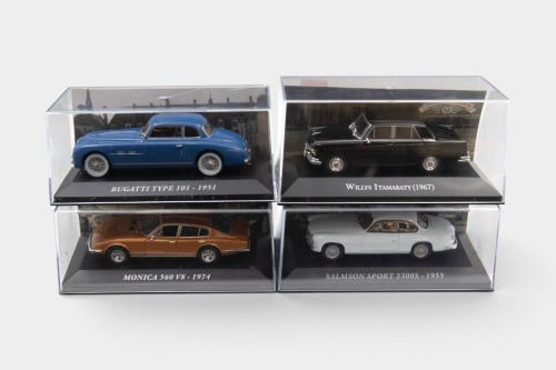 MODELS: Four 1:43 scale model cars, including a 1951 Bugatti Type 101, a 1974 Monica 560 V8, a 1967 Willys Itamararty, and a 1955 Salmson Sport 2300s