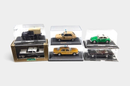 MODELS: A group of six 1:43 scale model cars, including some Police/Emergency vehicles