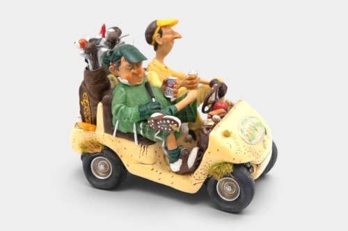 G.FORCHINO: A limited edition (No.10896) sculpture of a Golf Buggy by Guillermo Forchino featuring two men enjoying a beer!