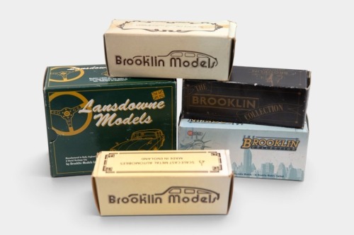 MODEL BOXES: A group of five empty boxes for 1:43 scale white metal models, including four Brooklin Models boxes and one Lansdowne Models box