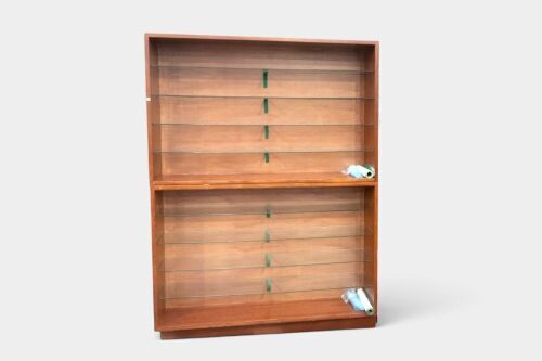 CABINET: A western red cedar timber and glass-shelved double unit display cabinet, measures 222cm high, 165cm wide, 29cm deep overall