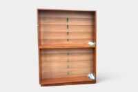CABINET: A western red cedar timber and glass-shelved double unit display cabinet, measures 222cm high, 165cm wide, 29cm deep overall