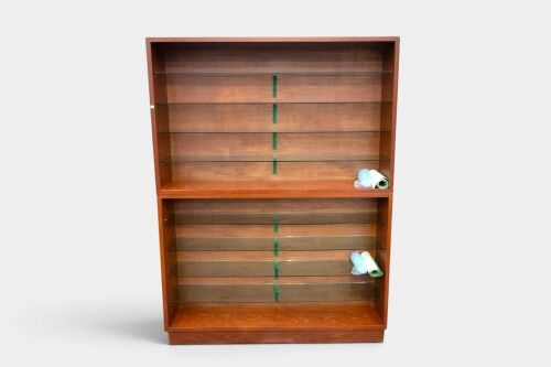 CABINET: A western red cedar timber and glass-shelved double unit display cabinet, measures 222cm high, 165cm wide, 29cm deep overall