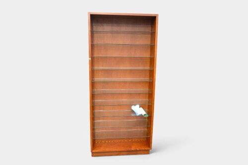 CABINET: A western red cedar timber and glass-shelved tall display cabinet, measures 242cm high, 107cm wide, 29cm deep overall