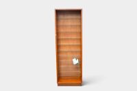 CABINET: A western red cedar timber and glass-shelved tall display cabinet, measures 242cm high, 80cm wide, 28.5cm deep overall